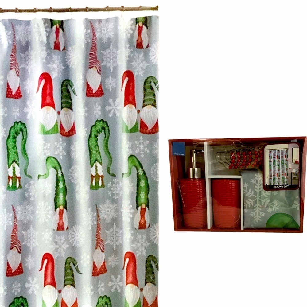 Christmas Bathroom Set Santa Gnomes Curtain Accessories 15 Piece Grey Multicolor